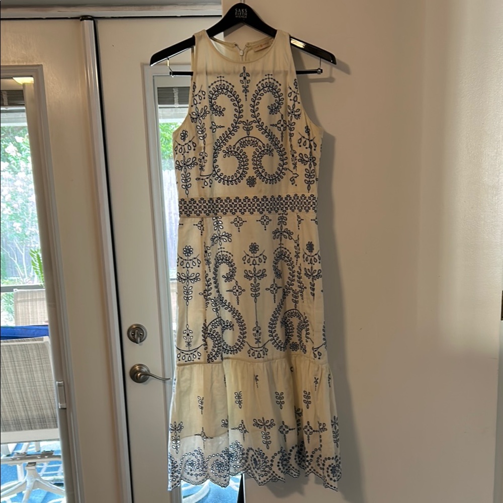 Tory Burch Cream and Blue Halter Midi Sundress